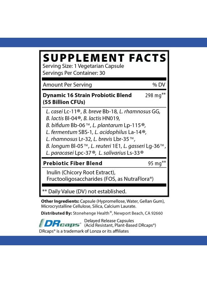 Stonehenge Health Dynamic Biotics – 55 Billion CFU Probiotic with 16 Strains & Prebiotic, Gut Health Support