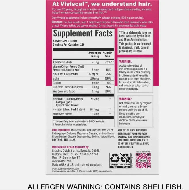 Viviscal Professional Hair Supplement Growth Tablets for Women 180 EXP 07 2027